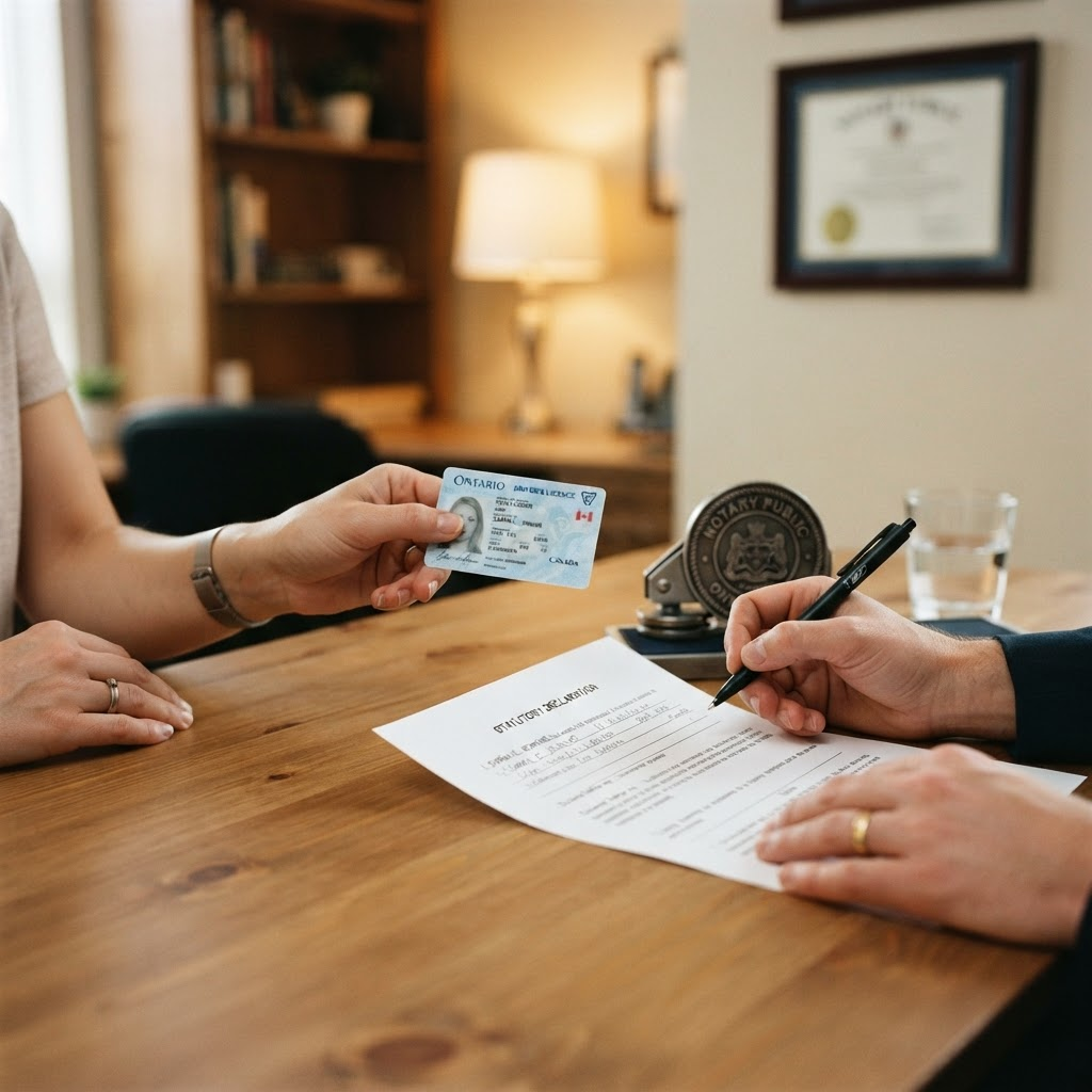 Notary public verifying a client's government-issued photo ID before notarizing a document