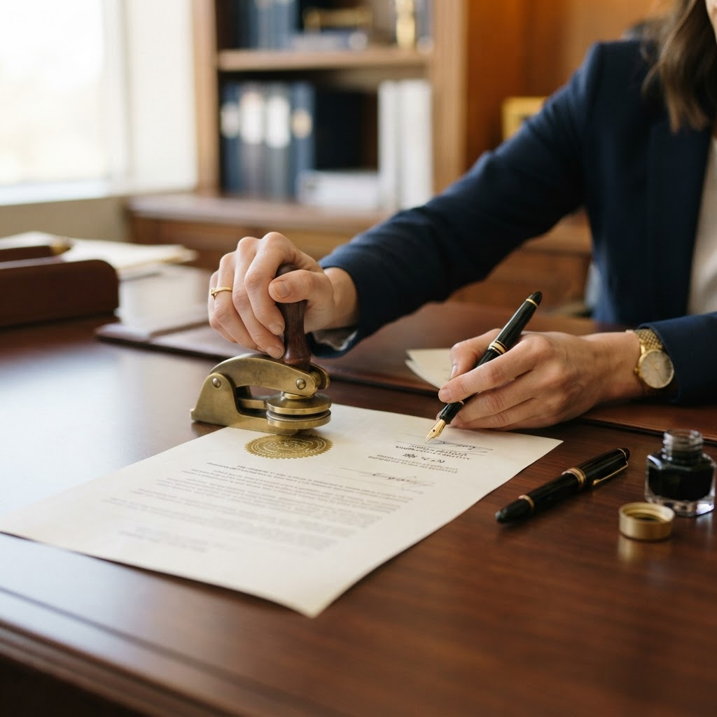 Notary public in Brampton stamping and notarizing an official legal document